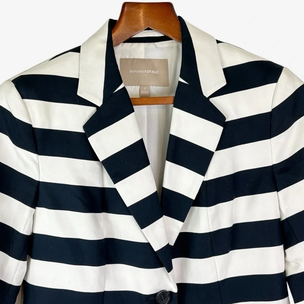 Banana Republic Striped Blazer 4 Navy White 3/4 Sleeve Nautical Preppy Career - Picture 2 of 12